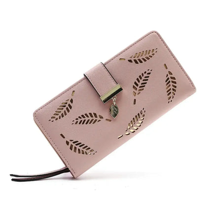 Fendiz women's wallet Long Leaf Bifold Wallet Leather Card Holder Purse Zipper Buckle