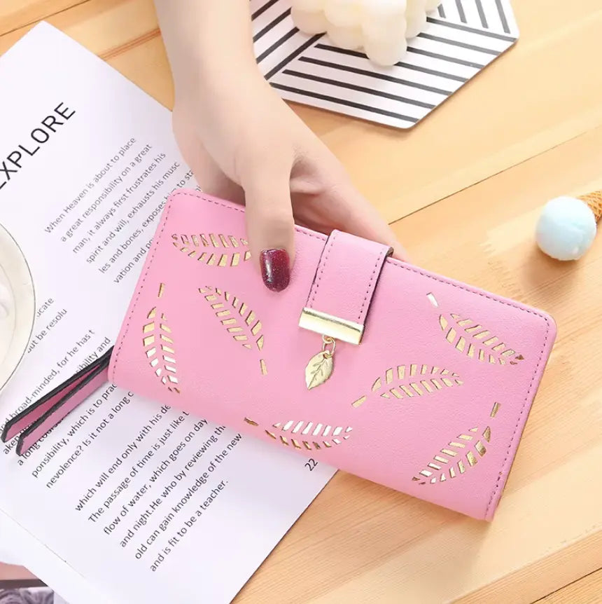 Fendiz women's wallet Long Leaf Bifold Wallet Leather Card Holder Purse Zipper Buckle