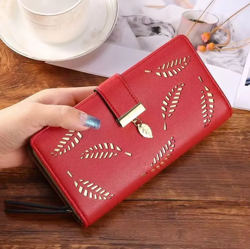 Fendiz women's wallet Long Leaf Bifold Wallet Leather Card Holder Purse Zipper Buckle