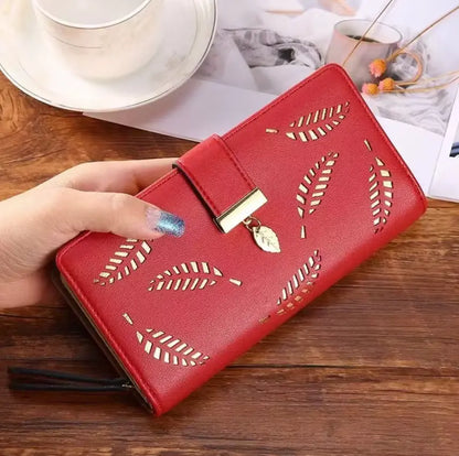 Fendiz women's wallet Long Leaf Bifold Wallet Leather Card Holder Purse Zipper Buckle