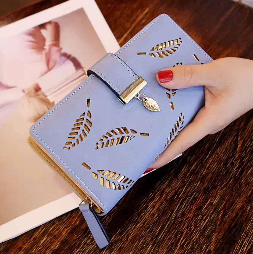 Fendiz women's wallet Long Leaf Bifold Wallet Leather Card Holder Purse Zipper Buckle