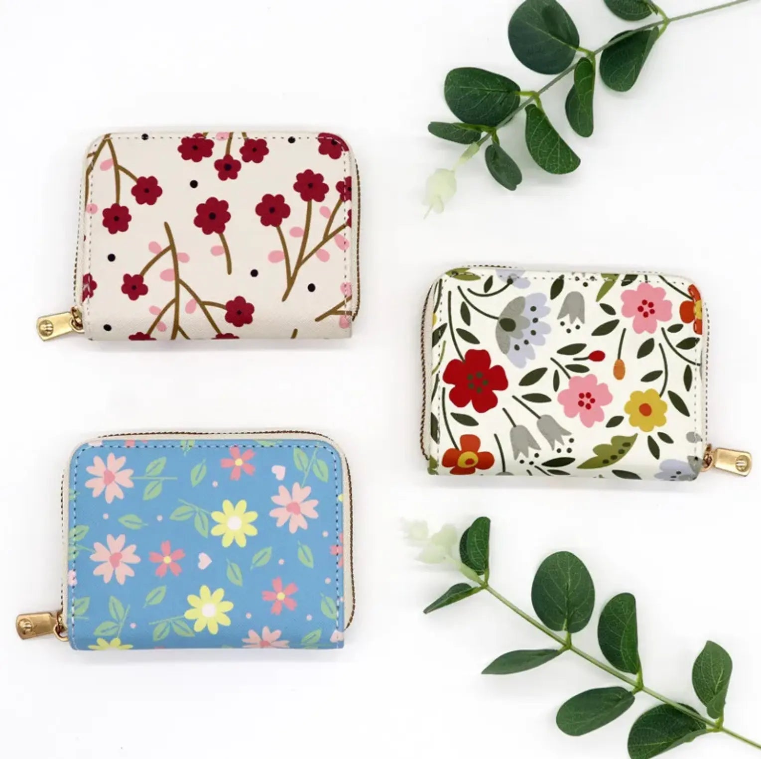 Fendiz Credit Card Holder Wallet for Women Cute Leather Wallets Purse Aesthetic Print Flower Floral Modern Design Rfid Zipper Around