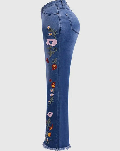 Fendiz Bell Bottom Jeans for Women Flared Floral Embroidered Jean Wide Leg Denim Pants