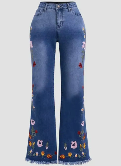 Fendiz Bell Bottom Jeans for Women Flared Floral Embroidered Jean Wide Leg Denim Pants