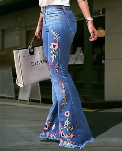 Fendiz Bell Bottom Jeans for Women Flared Floral Embroidered Jean Wide Leg Denim Pants